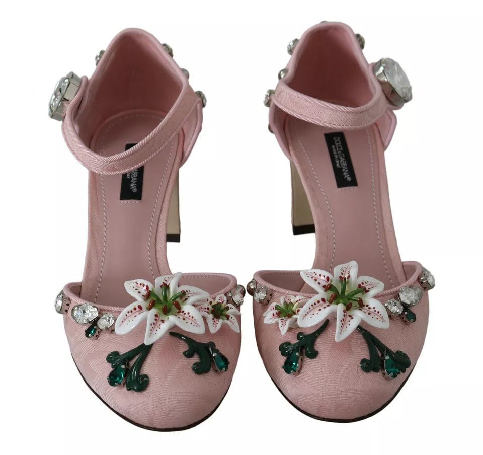 Dolce & Gabbana Pink Brocade Crystal Lily Ankle Strap Shoes - SMARTMARTNZ