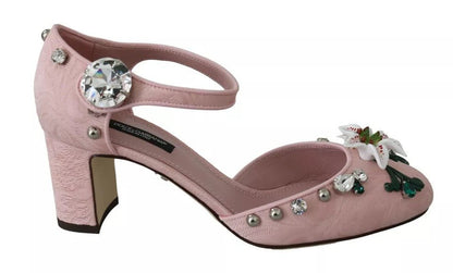Dolce & Gabbana Pink Brocade Crystal Lily Ankle Strap Shoes - SMARTMARTNZ