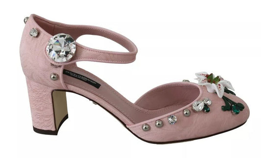 Dolce & Gabbana Pink Brocade Crystal Lily Ankle Strap Shoes - SMARTMARTNZ