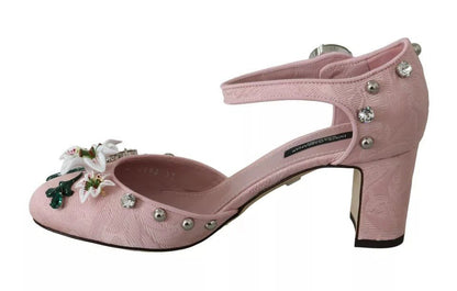 Dolce & Gabbana Pink Brocade Crystal Lily Ankle Strap Shoes - SMARTMARTNZ