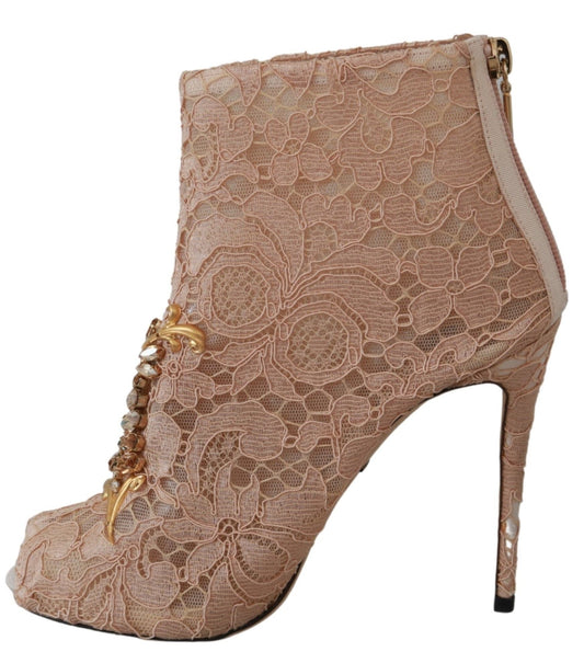 Dolce & Gabbana Pink Crystal Lace Booties Stilettos Shoes - SMARTMARTNZ