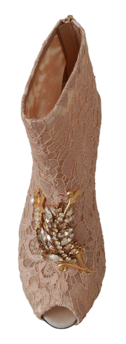 Dolce & Gabbana Pink Crystal Lace Booties Stilettos Shoes - SMARTMARTNZ