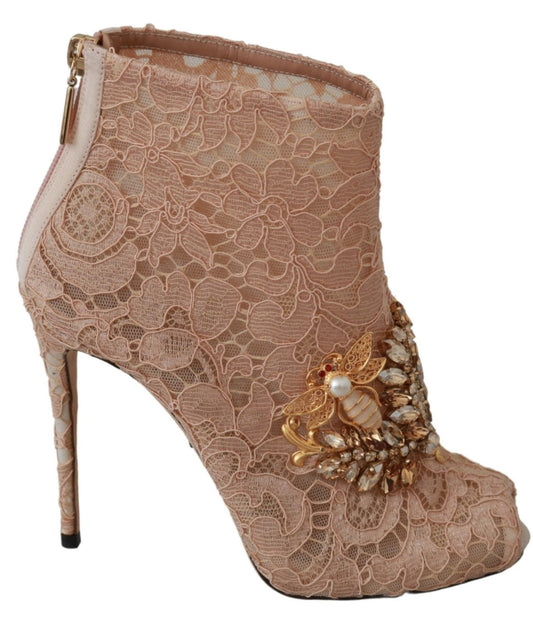 Dolce & Gabbana Pink Crystal Lace Booties Stilettos Shoes - SMARTMARTNZ