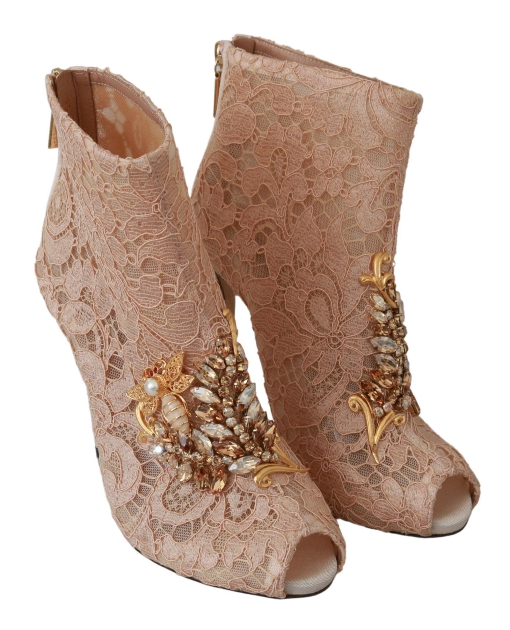 Dolce & Gabbana Pink Crystal Lace Booties Stilettos Shoes - SMARTMARTNZ
