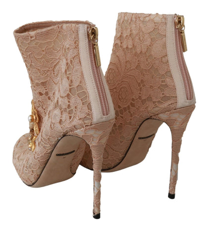Dolce & Gabbana Pink Crystal Lace Booties Stilettos Shoes - SMARTMARTNZ