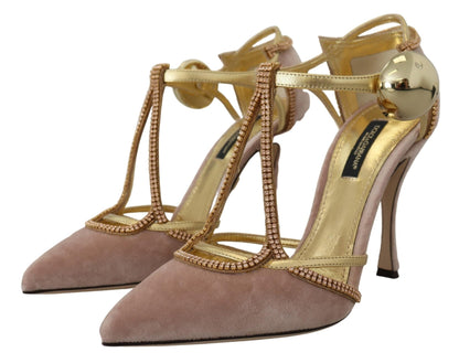 Dolce & Gabbana Pink Crystal T - strap Heels Pumps Shoes - SMARTMARTNZ
