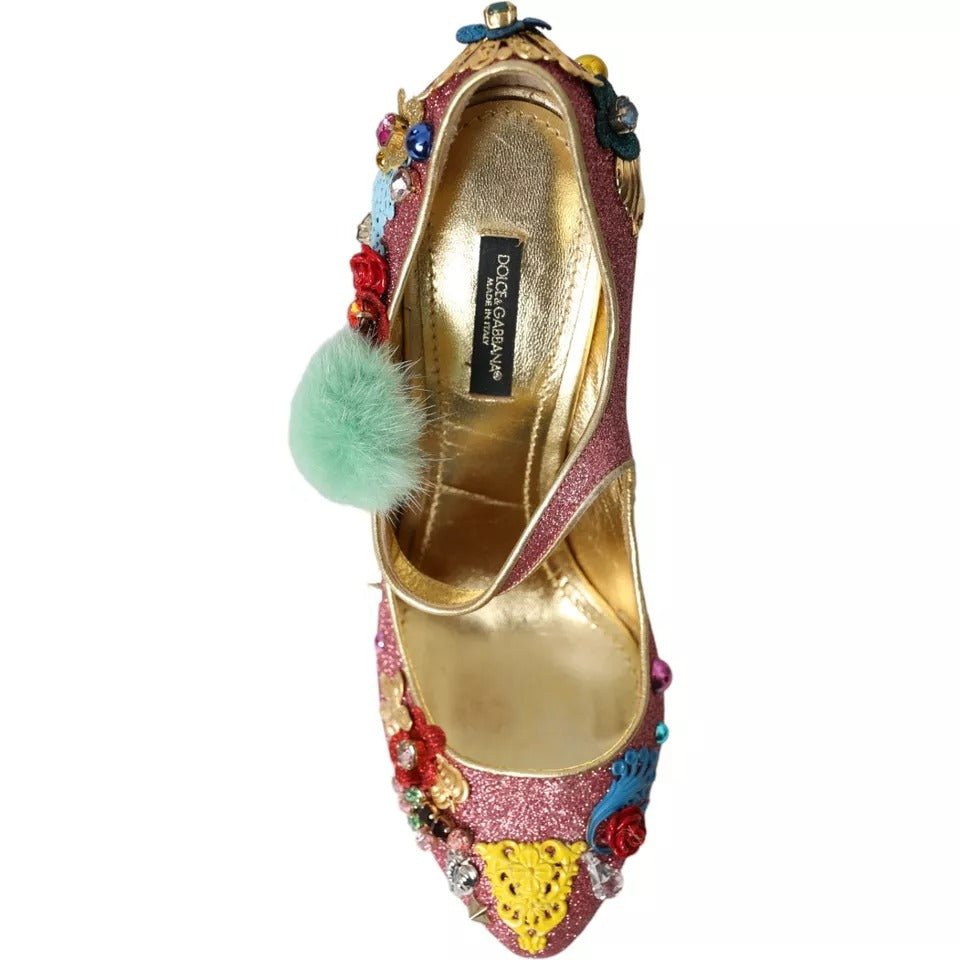 Dolce & Gabbana Pink Embellished Fur Mary Jane Pumps Shoes - SMARTMARTNZ