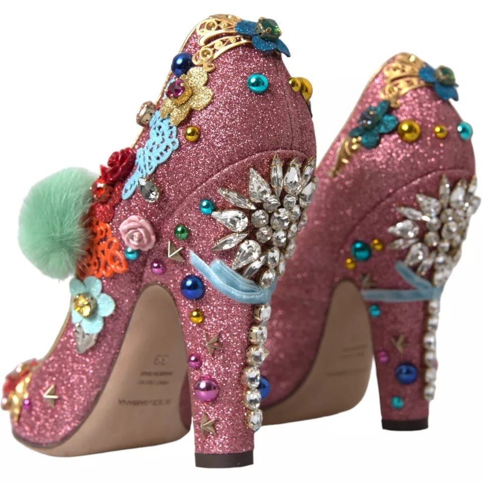 Dolce & Gabbana Pink Embellished Fur Mary Jane Pumps Shoes - SMARTMARTNZ