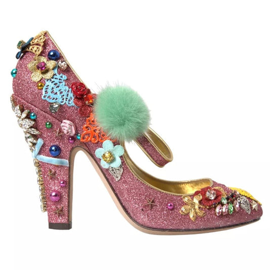 Dolce & Gabbana Pink Embellished Fur Mary Jane Pumps Shoes - SMARTMARTNZ