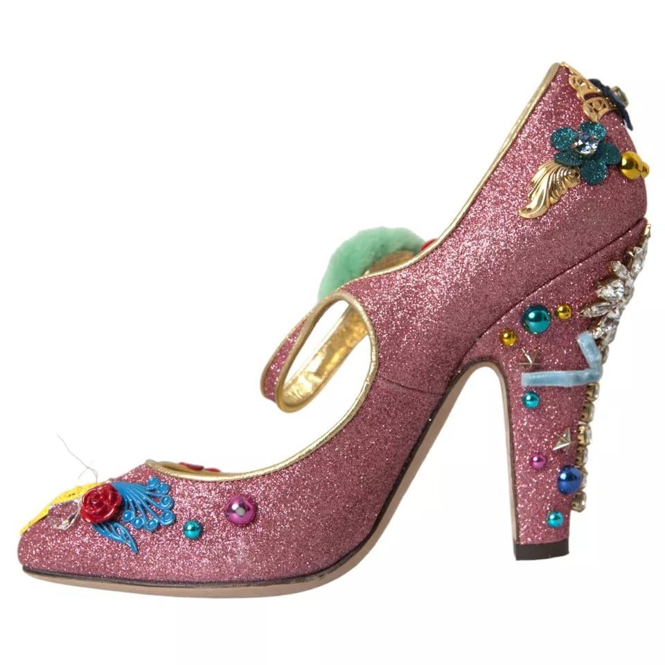 Dolce & Gabbana Pink Embellished Fur Mary Jane Pumps Shoes - SMARTMARTNZ