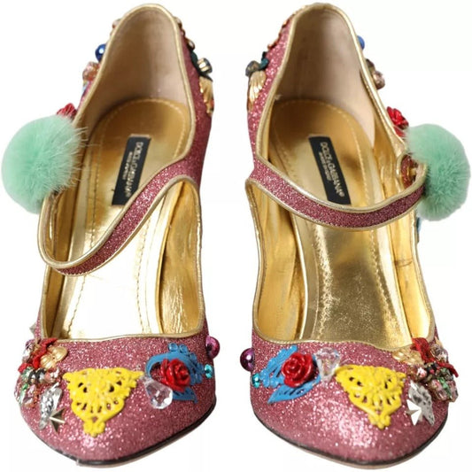 Dolce & Gabbana Pink Embellished Fur Mary Jane Pumps Shoes - SMARTMARTNZ