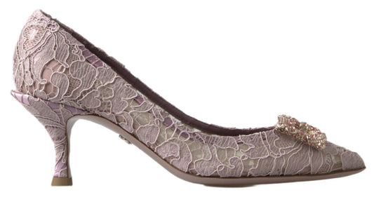 Dolce & Gabbana Pink Floral Lace DG Crystal Pumps Shoes - SMARTMARTNZ