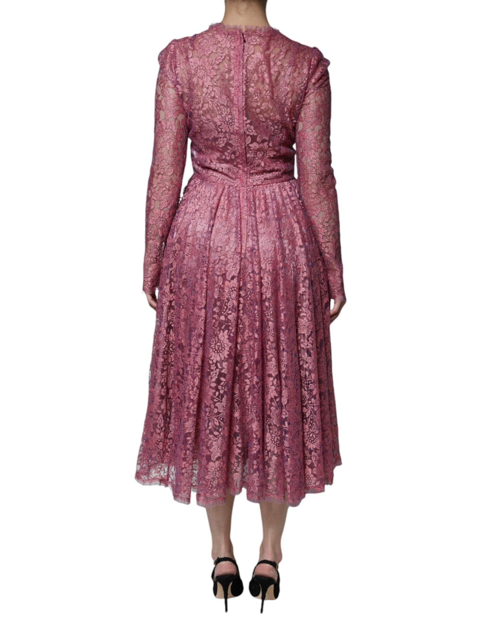 Dolce & Gabbana Pink Floral Lace Long Sleeve Midi Dress - SMARTMARTNZ