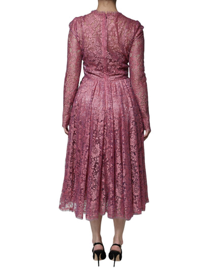 Dolce & Gabbana Pink Floral Lace Long Sleeve Midi Dress - SMARTMARTNZ