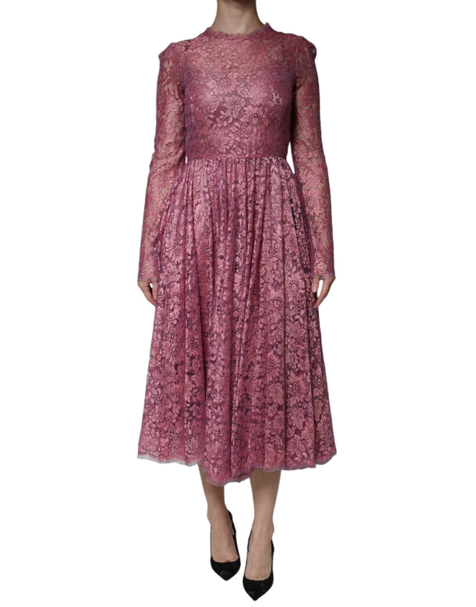 Dolce & Gabbana Pink Floral Lace Long Sleeve Midi Dress - SMARTMARTNZ