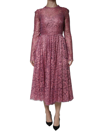 Dolce & Gabbana Pink Floral Lace Long Sleeve Midi Dress - SMARTMARTNZ