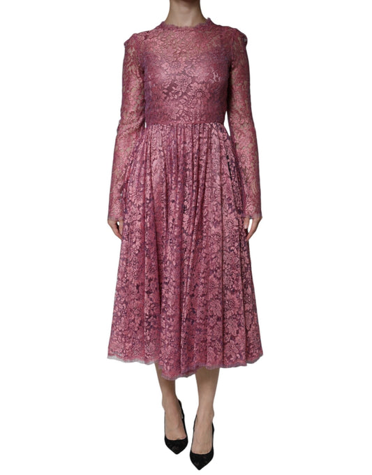 Dolce & Gabbana Pink Floral Lace Long Sleeve Midi Dress - SMARTMARTNZ