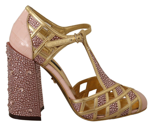 Dolce & Gabbana Pink Gold Leather Crystal Pumps T - strap Shoes - SMARTMARTNZ