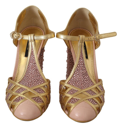 Dolce & Gabbana Pink Gold Leather Crystal Pumps T - strap Shoes - SMARTMARTNZ