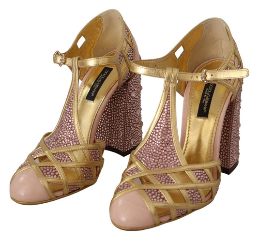 Dolce & Gabbana Pink Gold Leather Crystal Pumps T - strap Shoes - SMARTMARTNZ