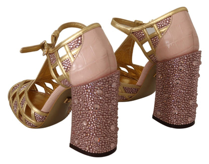 Dolce & Gabbana Pink Gold Leather Crystal Pumps T - strap Shoes - SMARTMARTNZ