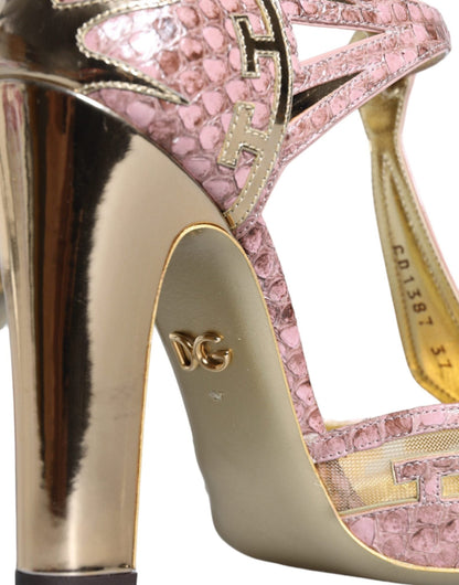 Dolce & Gabbana Pink Gold Leather Pumps T - strap Sandals Shoes - SMARTMARTNZ