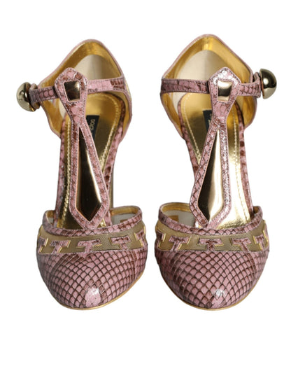 Dolce & Gabbana Pink Gold Leather Pumps T - strap Sandals Shoes - SMARTMARTNZ