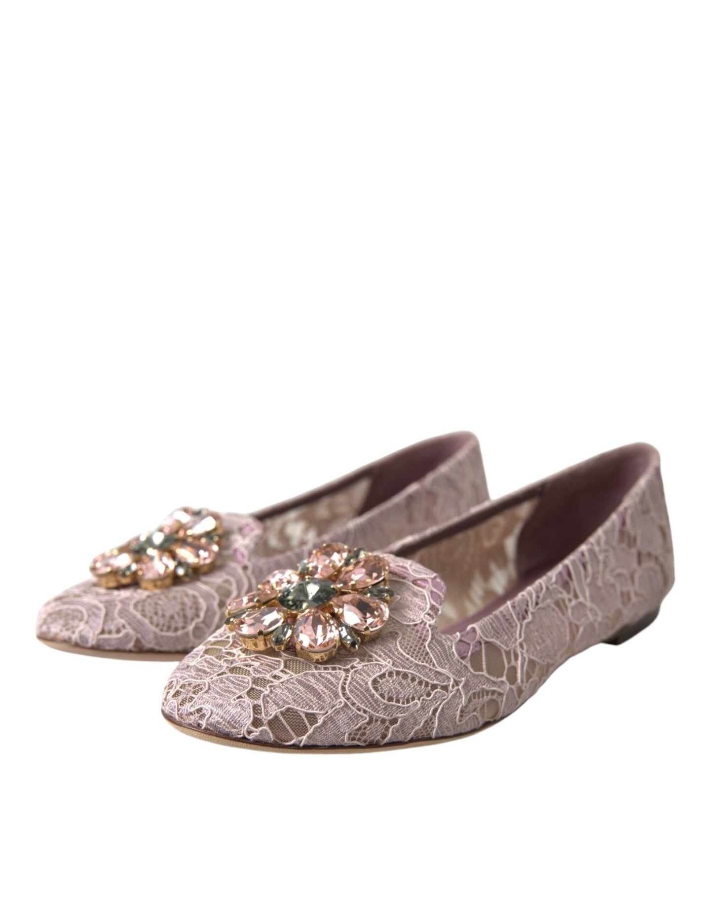 Dolce & Gabbana Pink Lace Crystal Ballet Flats Loafers Shoes - SMARTMARTNZ