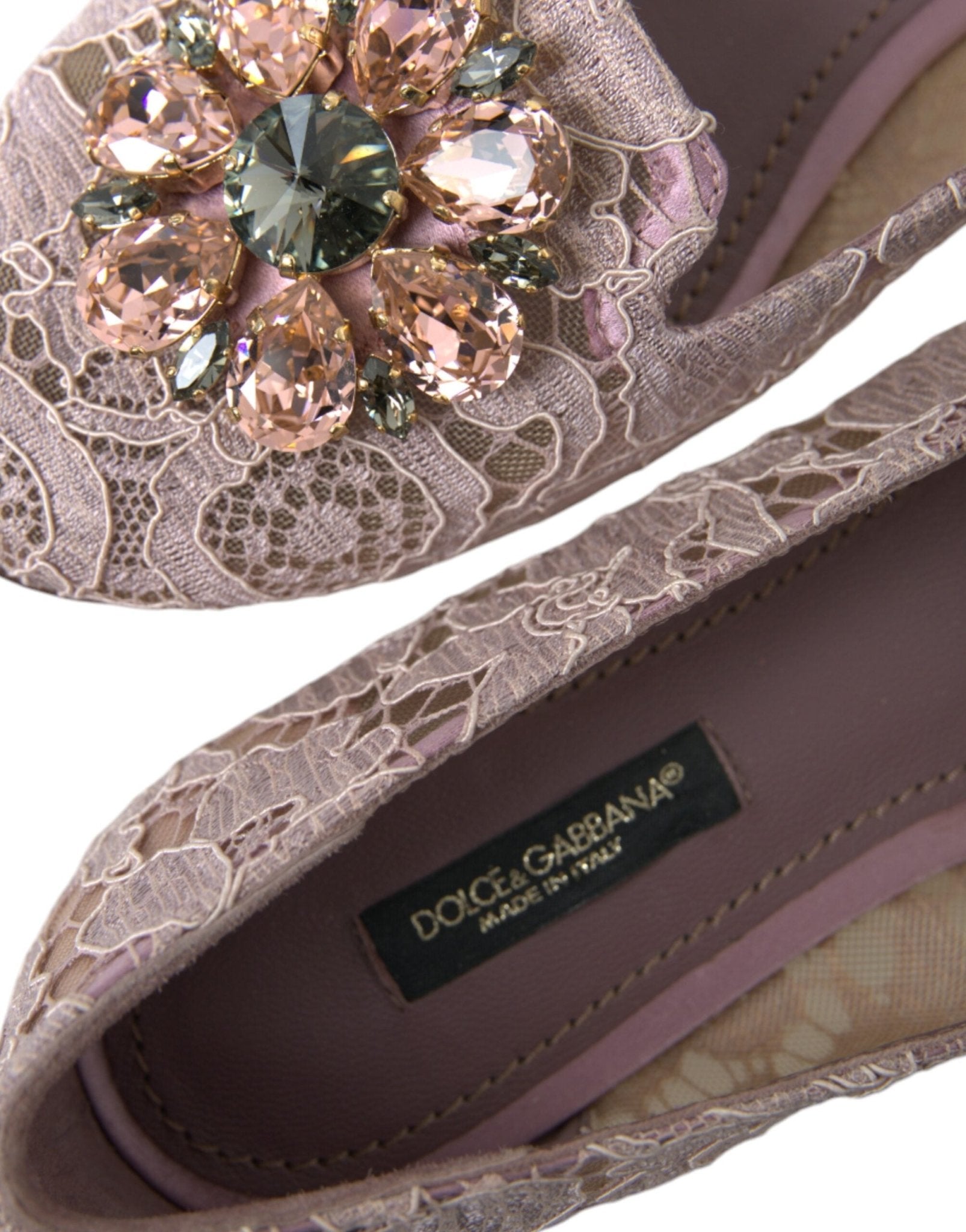 Dolce & Gabbana Pink Lace Crystal Ballet Flats Loafers Shoes - SMARTMARTNZ