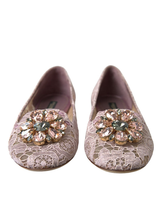 Dolce & Gabbana Pink Lace Crystal Ballet Flats Loafers Shoes - SMARTMARTNZ