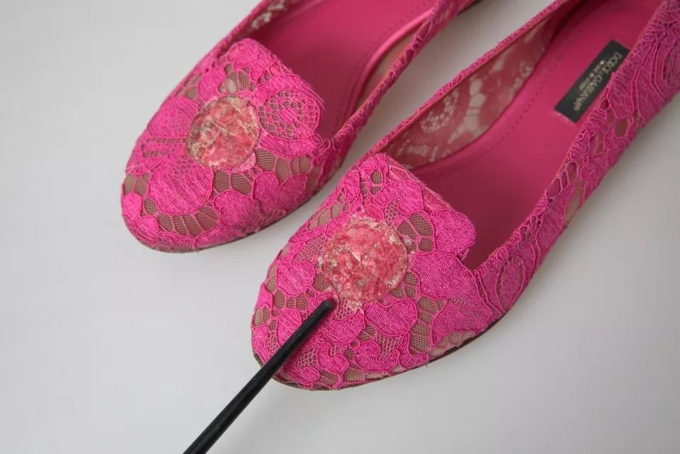 Dolce & Gabbana Pink Taormina Lace Slip On Flats Shoes - SMARTMARTNZ