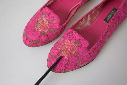 Dolce & Gabbana Pink Taormina Lace Slip On Flats Shoes - SMARTMARTNZ
