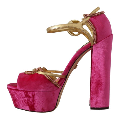 Dolce & Gabbana Pink Velvet Crystal Ankle Strap Sandals Shoes - SMARTMARTNZ