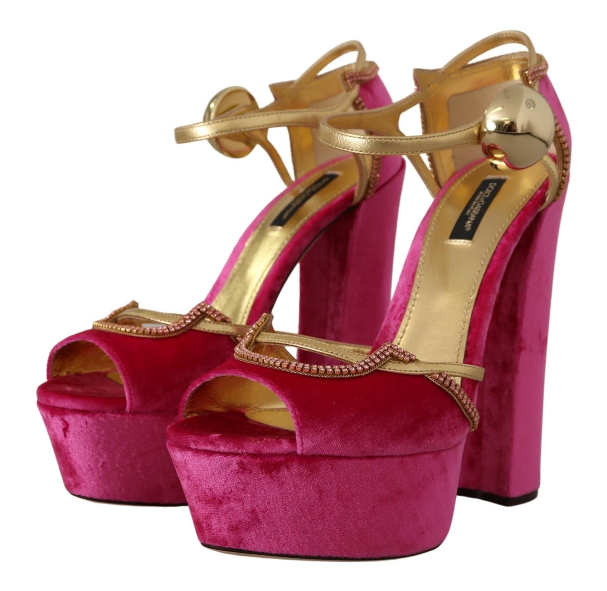 Dolce & Gabbana Pink Velvet Crystal Ankle Strap Sandals Shoes - SMARTMARTNZ