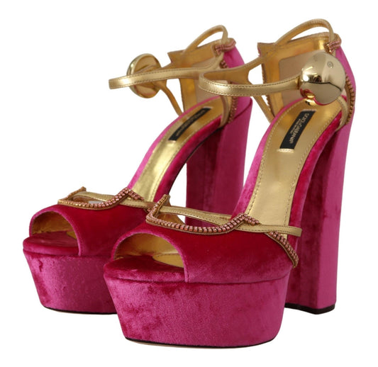 Dolce & Gabbana Pink Velvet Crystal Ankle Strap Sandals Shoes - SMARTMARTNZ