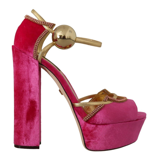 Dolce & Gabbana Pink Velvet Crystal Ankle Strap Sandals Shoes - SMARTMARTNZ