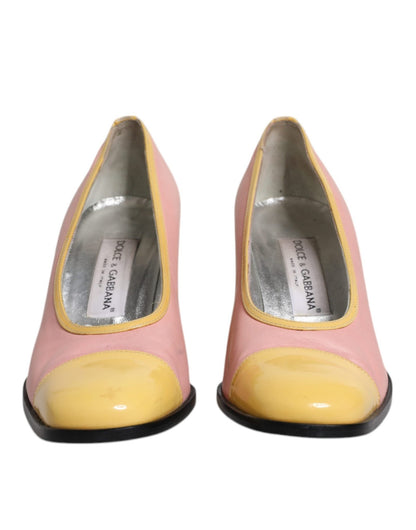 Dolce & Gabbana Pink Yellow Leather Block Heels Pumps Shoes - SMARTMARTNZ