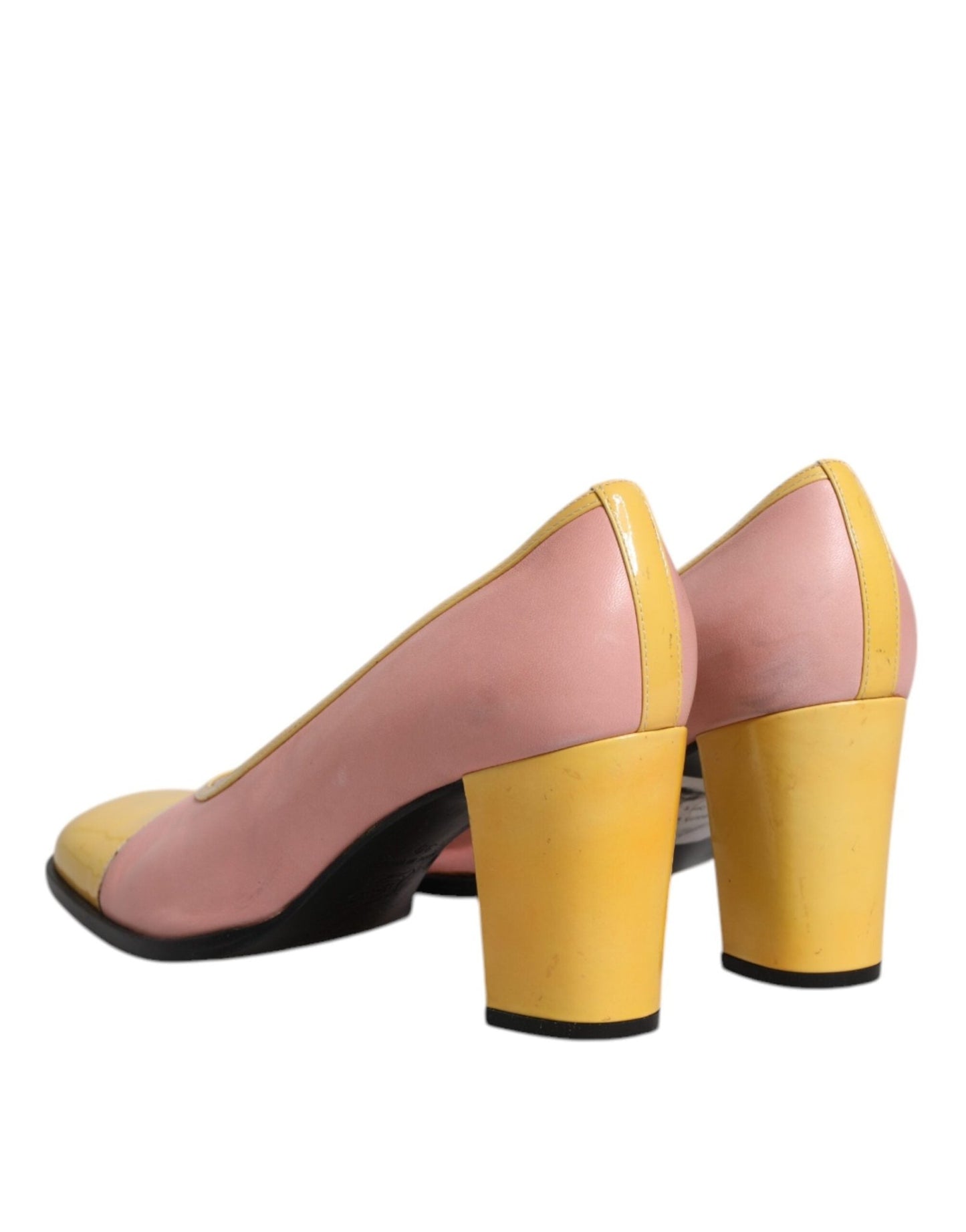 Dolce & Gabbana Pink Yellow Leather Block Heels Pumps Shoes - SMARTMARTNZ