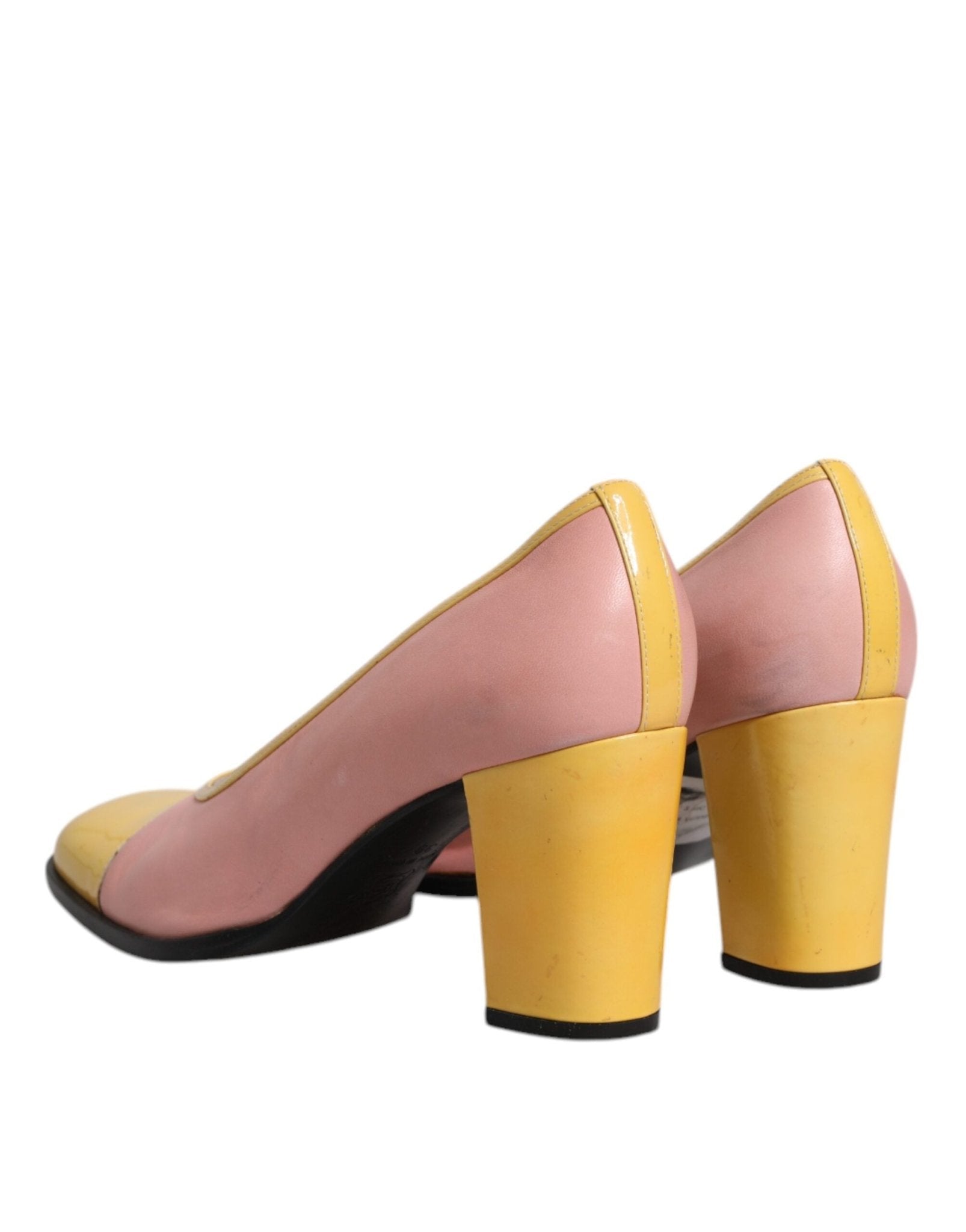 Dolce & Gabbana Pink Yellow Leather Block Heels Pumps Shoes - SMARTMARTNZ