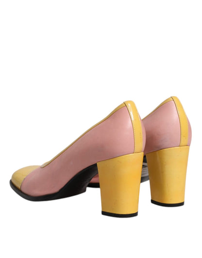 Dolce & Gabbana Pink Yellow Leather Block Heels Pumps Shoes - SMARTMARTNZ