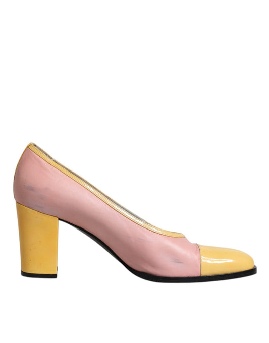 Dolce & Gabbana Pink Yellow Leather Block Heels Pumps Shoes - SMARTMARTNZ