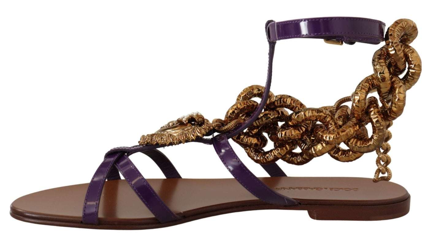 Dolce & Gabbana Purple Leather Devotion Flats Sandals Shoes - SMARTMARTNZ