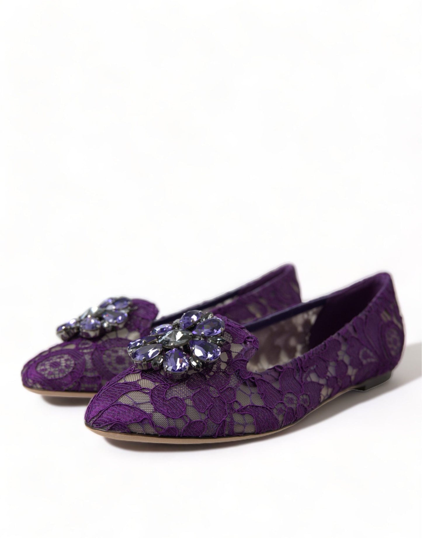 Dolce & Gabbana Purple Vally Taormina Lace Crystals Flats Shoes - SMARTMARTNZ