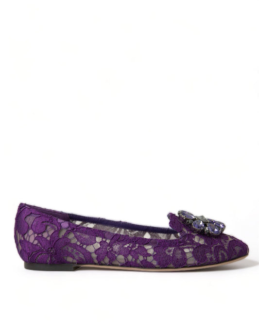 Dolce & Gabbana Purple Vally Taormina Lace Crystals Flats Shoes - SMARTMARTNZ