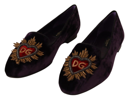 Dolce & Gabbana Purple Velvet DG Heart Loafers Flats Shoes - SMARTMARTNZ