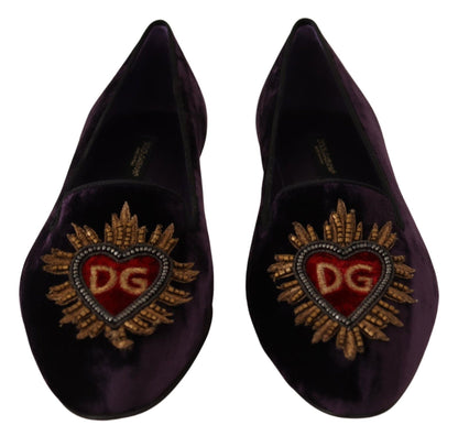 Dolce & Gabbana Purple Velvet DG Heart Loafers Flats Shoes - SMARTMARTNZ