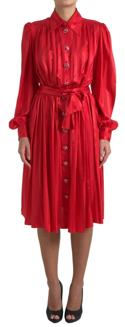 Dolce & Gabbana Red Button Down Belted Midi Satin Silk Dress - SMARTMARTNZ