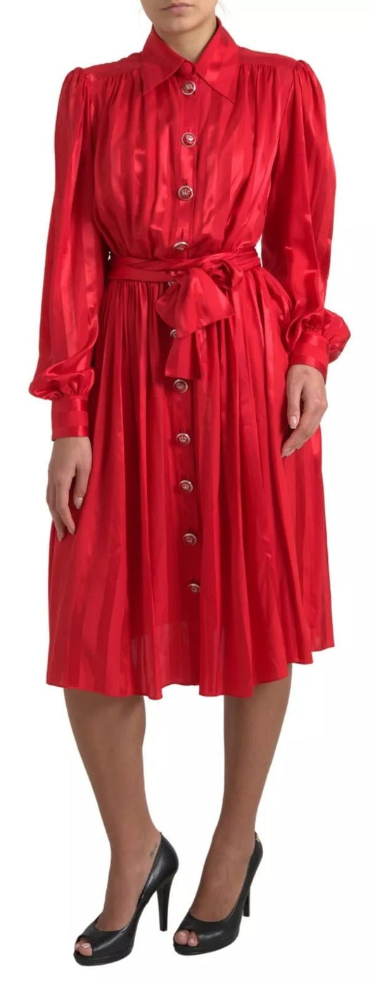 Dolce & Gabbana Red Button Down Belted Midi Satin Silk Dress - SMARTMARTNZ