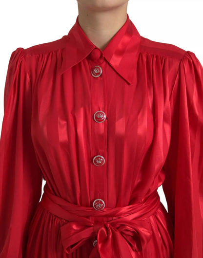Dolce & Gabbana Red Button Down Belted Midi Satin Silk Dress - SMARTMARTNZ