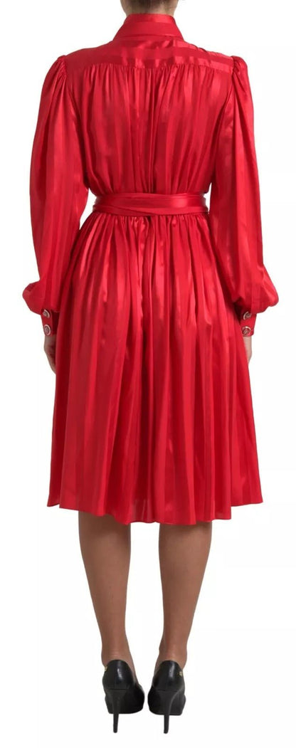 Dolce & Gabbana Red Button Down Belted Midi Satin Silk Dress - SMARTMARTNZ